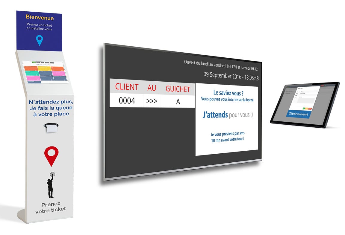 borne avec écran de file d'attente pour guichet