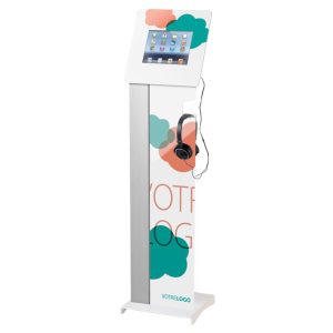 Digital kiosk on stand with headphones